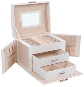 Caixa de joias SONGMICS de 3 andares, estojo de viagem para joias com alça, 2 gavetas, organizador de joias com fechadura e espelho, armazenamento de joias, estilo moderno, presente para entes queridos, branco JBC154W01