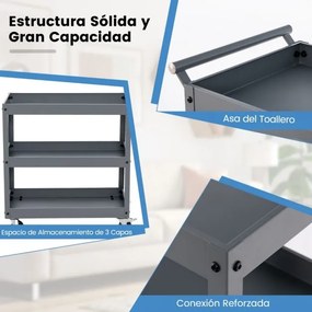 Carrinho utilitário de 3 níveis de alta capacidade metal 77,5 x 38 x 79 cm com 3 prateleiras e pega ergonómica Rodas para escritório Garagem Cinza