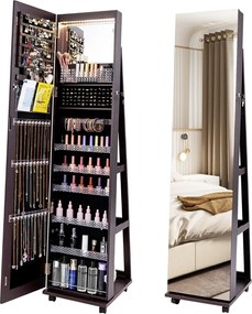 Armário para joias com fechadura 40 x 38 x 164 cm com Espelho de maquilhagem LED com 3 cores Prateleiras ajustáveis e rodas universais Castanho Escuro