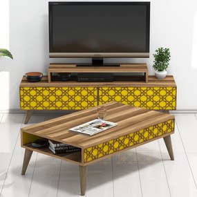 Conjunto de Mobiliário de Sala de Estar City – Nogueira e Amarelo – TV