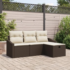 Conjunto de Sofá de Jardim de 4 Peças com Almofadas Rattan Castanho Po