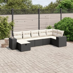 7 pcs conjunto de sofás p/ jardim c/ almofadões vime PE preto