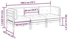 3 pcs conjunto sofás de jardim c/ almofadões pinho impregnado