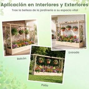 Floreira de jardim elevada em madeira com treliça 220 x 35 x 114 cm, teto suspenso, orifícios de drenagem, para plantas trepadeiras, Natural