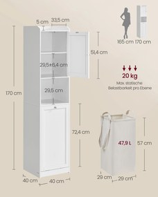 Armário de casa de banho com cesto para roupa suja 40 x 40 x 170 cm Branco 