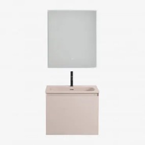 Conjunto De Móvel De Casa De Banho Suspenso Em Madeira Com Lavatório Integrado Macrae Crema Linho & Led Retangular E Anti-embaciamento 60x70 - Sklum