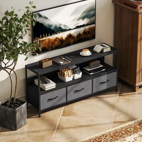 Móvel para televisão 120 x 29 x 56 cm, adequado para televisores até 55 polegadas, com 3 gavetas tecido e pés em aço, cinzento, preto