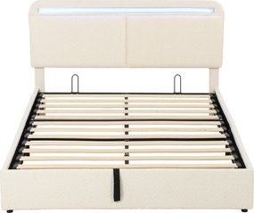 HOMCOM Cama Baú 140 x 190 cm, LED RGB, Cabeceira Regulável, Estrado de Cama Duplo Estofado em Veludo, Armazenamento Hidráulico, Creme | Aosom Portugal