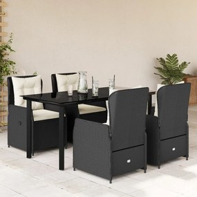 5 pcs conjunto de jantar p/ jardim c/ almofadões vime PE preto