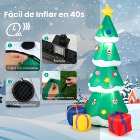 Árvore de Natal insuflável de 180 cm com 3 caixas de presente Luzes LED Saco de areia e estacas Decoração auto-insuflável para casa e jardim