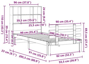 Cama com estante sem colchão 90x200cm pinho maciço castanho-mel