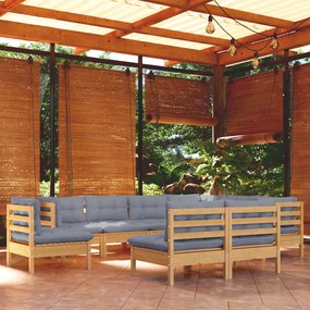 vidaXL 9 pcs conjunto lounge de jardim + almofadões cinza pinho maciço