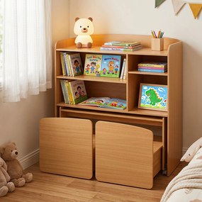 Conjunto Infantil 3 em 1, Armário, Secretária e 2 Cadeiras, 90 x 40 x 94 cm, Com Prateleiras Ajustáveis, Natural
