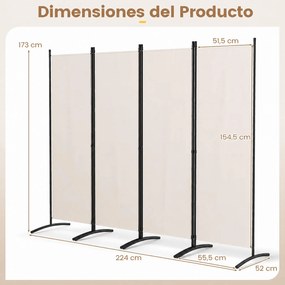 Biombo Separador de Ambientes de 4 Painéis, 224 x 52 x 173 cm, Dobrável, Bege