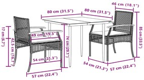 3 pcs conjunto de jantar p/ jardim c/ almofadões vime PE preto