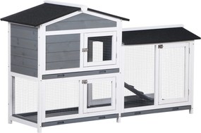 Coelheira de Madeira Exterior Gaiola para Coelhos de 2 Níveis com Teto Asfáltico 2 Cercados de Metal Bandeja Removível 3 Portas e Rampa 157,4x53x93,5