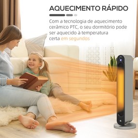 Aquecedor Cerâmico de Torre 1100/2200W com Controlo Remoto Ecrã LED Temporizador Termostato 3 Modos Ø25x73,5 cm Prata e Preto