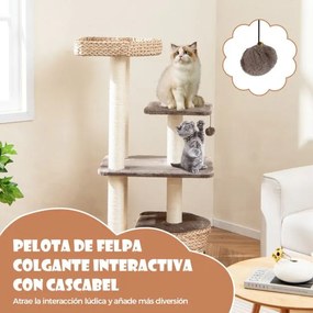 Árvore para gatos 4 camadas 131 CM  com postes de arranhar de sisal Poleiro Caverna, Bola Almofadas suspensas Castanho