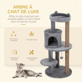 Arranhador para gatos Ø 48 x 104 A cm com vários acessórios: arranhadores, plataformas, compartimentos abertos e bola suspensa cinzento