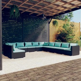 vidaXL 11 pcs conjunto lounge de jardim c/ almofadões vime PE preto