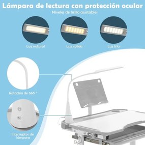 Conjunto de secretária e cadeira para crianças com suporte para livros, luz LED, superfície inclinada e gaveta removível cinzento