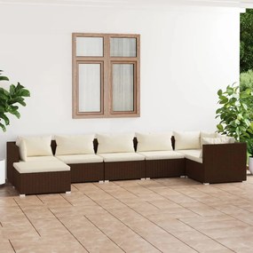 7 pcs conjunto lounge jardim c/ almofadões vime PE castanho