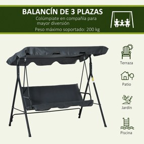 Outsunny Baloiço de Jardim de 3 Lugares com Almofada Toldo Ajustável e Estrutura de Metal para Balcão Terraço Patio Carga Máx. 200kg 172x110x153cm Cinza