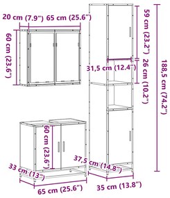 3 pcs Conjunto móveis casa de banho madeira proc. cinza sonoma