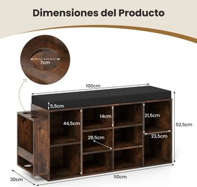 Banco sapateira 30 x 110 x 52,5 cm com suporte para guarda-chuvas, 10 compartimentos, assento acolchoado e prateleiras ajustáveis, Café