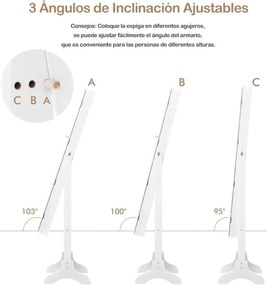 Espelho de joias de pé 35 x 30 x 144 cm com 3 inclinações, organizador de armazenamento para brincos e colares com espelho e 4 compartimentos, branco
