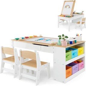 Conjunto de mesa e 2 cadeiras com cavalete para desenho, com copos para tinta e rolo de papel natural