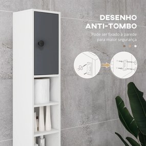 Coluna Casa de Banho Moderna com 1 Gaveta 5 Prateleiras Ajustáveis e 2 Armários 20x20x180 cm Cinza