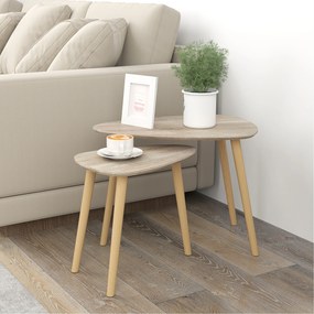 Conjunto de 2 mesas baixas encaixáveis de design escandinavo, com pés e tampo em madeira, com acabamento natural
