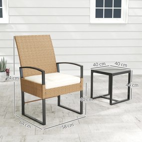 Conjunto de Jardim de 3 Peças com 2 Cadeiras e Mesa de Vime com Encosto Ajustável e Bancada de Vidro Bege e Branco