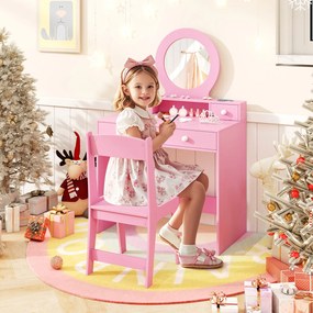 Conjunto de Toucador Infantil de Princesa com Cadeira, 70 x 40 x 110 cm, Espelho Inquebrável, Rosa
