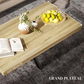 Mesa de centro retangular, estilo industrial, em metal preto com tampo com efeito de madeira - 110 x 60 x 45 cm