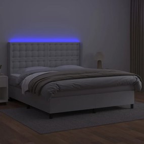 Cama box spring c/colchão/LED 180x200cm couro artificial branco