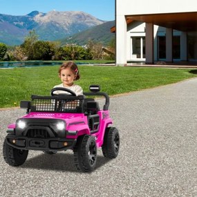 Carro elétrico para crianças 12V com comando à distância, volante, painel musical, buzina, faróis, espelhos rebatíveis e 4 rodas cor-de-rosa