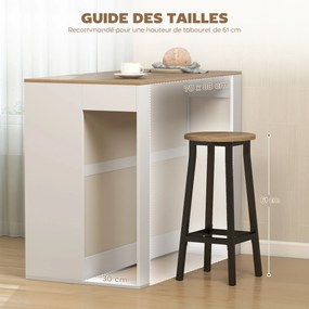 Mesa alta de cozinha 113 x 60 x 90 cm com 3 níveis e 2 compartimentos abertos, tampo com efeito de madeira natural, branca