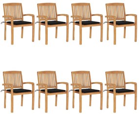 vidaXL Cadeiras de jardim empiháveis c/ almofadões 8 pcs teca maciça