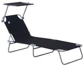 Outsunny Espreguiçadeira de Jardim Dobrável com Toldo Removível e Ajustável em Ângulo e Encosto Ajustável em 4 Posições para Jardim Terraço Campismo Exterior 187x58x36cm Preto