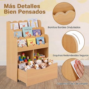 Estante Infantil para Brinquedos, 30 x 60 x 91 cm, Gaveta Removível com Rodas, Natural