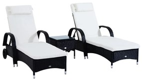Outsunny Conjunto de 2 Espreguiçadeira + 1 Mesa Ratan para Jardim ou Terraço Cadeiras com Almofada e Encosto Ajustável a 5 Níveis | Aosom Portugal