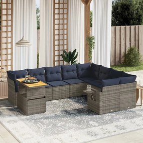 vidaXL 10 pcs conjunto sofás p/ jardim c/ almofadões vime PE cinzento