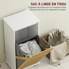 Móvel de casa de banho com cesto para roupa suja, porta com ripas de bambu e saco removível, branco e com efeito de madeira natural