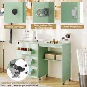 Mesa de costura dobrável 118,5 x 40 x 79,5 cm com estante e 3 compartimentos ocultos com rodas bloqueáveis Verde claro