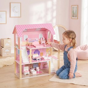 Casa de Bonecas de Madeira com 3 Andares, Varanda, Escadas e 10 Móveis, Brinquedo de Faz de Conta para Crianças 3-6 Anos, Rosa
