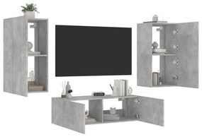 3 pcs móveis de parede para TV com luzes LED cinzento cimento