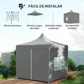 Tenda Dobrável Pop-Up 290x290x325 cm com 4 Paredes Laterais Anti-UV Altura Ajustável e Bolsa de Transporte Cinza