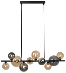 LED Candeeiro suspenso Art Déco preto fumê e dourado 10 luzes - Wess Art Deco